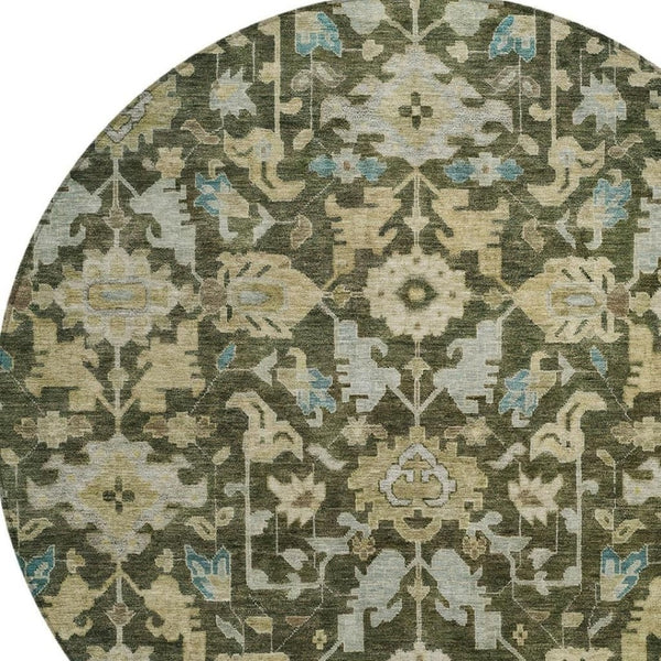 HomeRoots 8' Vibrant Floral Round Area Rug in Olive Green, Teal Blue & Gold - Washable for Indoor & Outdoor Use 688749
