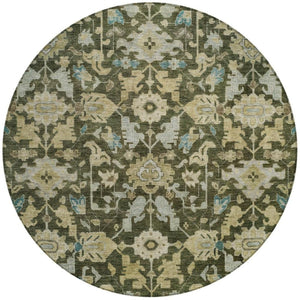 HomeRoots 8' Vibrant Floral Round Area Rug in Olive Green, Teal Blue & Gold - Washable for Indoor & Outdoor Use 688749