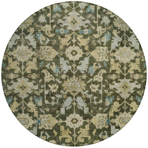 HomeRoots 8' Vibrant Floral Round Area Rug in Olive Green, Teal Blue & Gold - Washable for Indoor & Outdoor Use 688749
