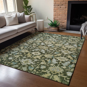 HomeRoots 8' X 10' Washable Floral Area Rug in Olive Green, Teal Blue & Gold – Perfect for Indoor & Outdoor Use! 688750
