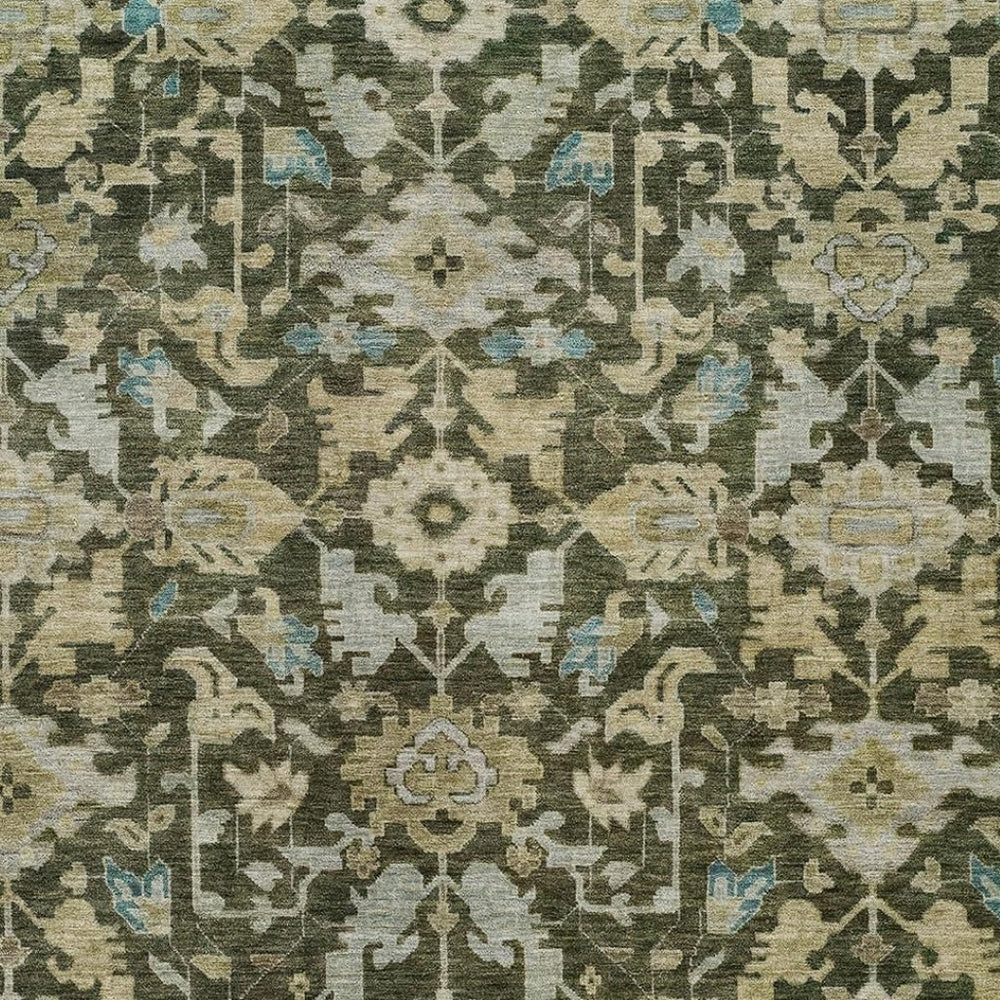 HomeRoots 10' Indoor Outdoor Area Rug - Elegant Olive Green, Teal Blue & Gold Floral Design, Washable & Durable 688752