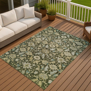 HomeRoots 10' Indoor Outdoor Area Rug - Elegant Olive Green, Teal Blue & Gold Floral Design, Washable & Durable 688752