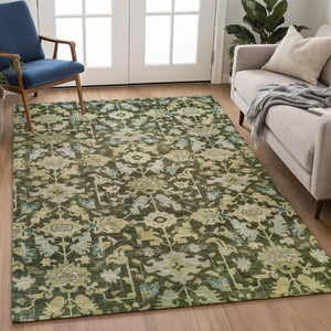 HomeRoots 10' Indoor Outdoor Area Rug - Elegant Olive Green, Teal Blue & Gold Floral Design, Washable & Durable 688752