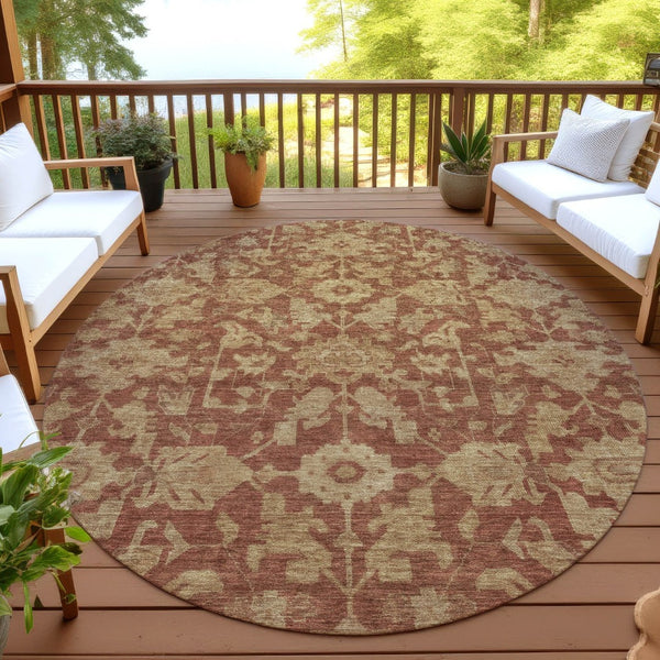 HomeRoots 8' Round Floral Area Rug in Rust and Beige – Washable, Durable, Indoor/Outdoor for High Traffic Spaces 688755