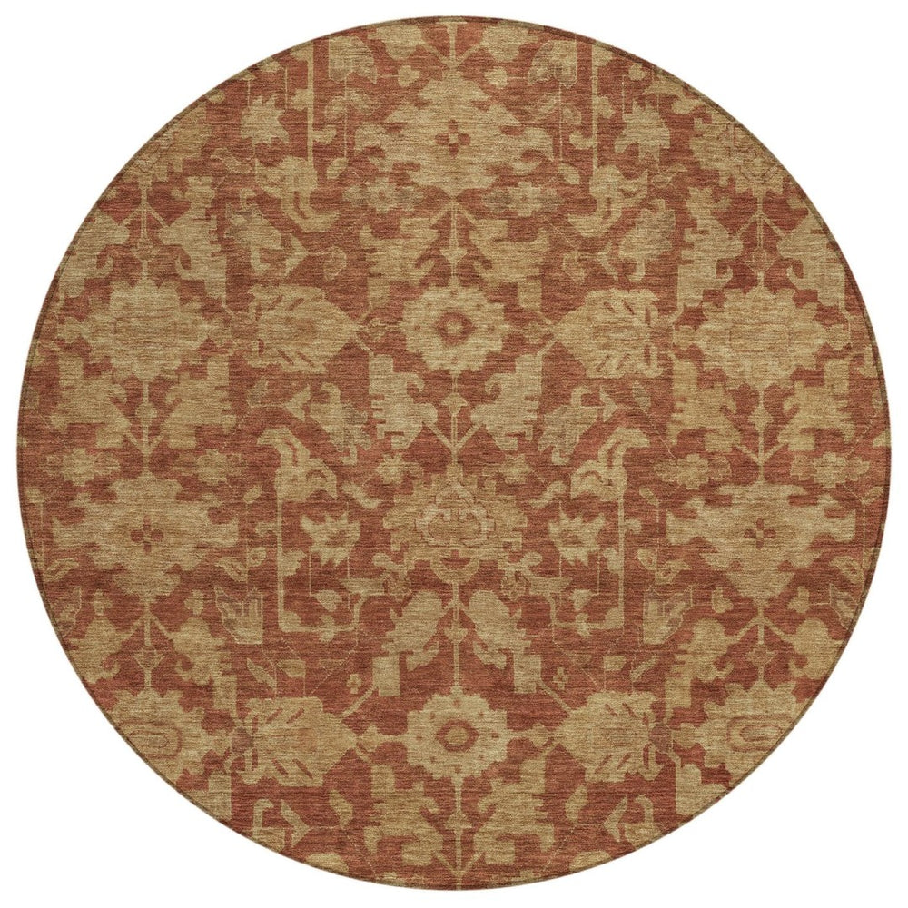 HomeRoots 8' Round Floral Area Rug in Rust and Beige – Washable, Durable, Indoor/Outdoor for High Traffic Spaces 688755