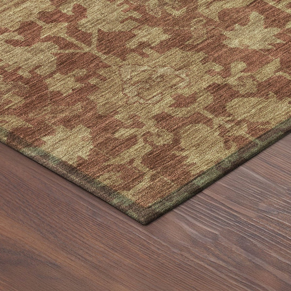 HomeRoots 8' Round Floral Area Rug in Rust and Beige – Washable, Durable, Indoor/Outdoor for High Traffic Spaces 688755