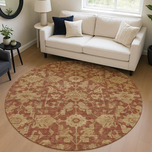 HomeRoots 8' Round Floral Area Rug in Rust and Beige – Washable, Durable, Indoor/Outdoor for High Traffic Spaces 688755