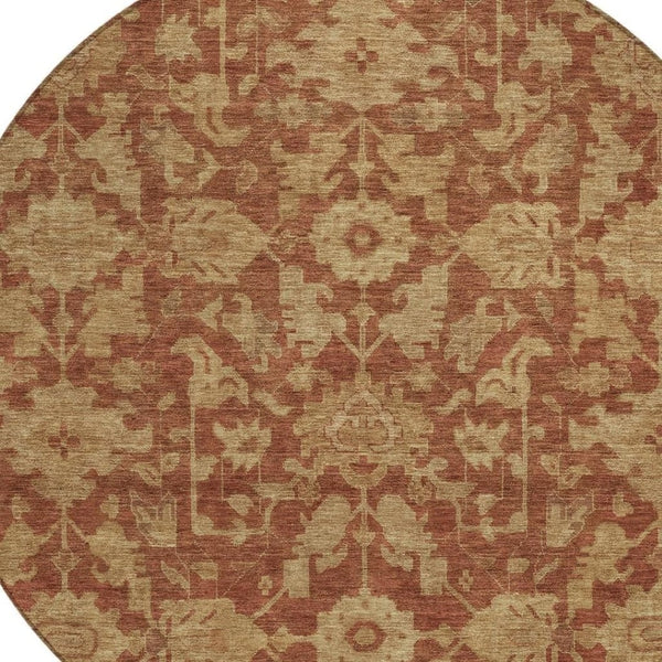 HomeRoots 8' Round Floral Area Rug in Rust and Beige – Washable, Durable, Indoor/Outdoor for High Traffic Spaces 688755