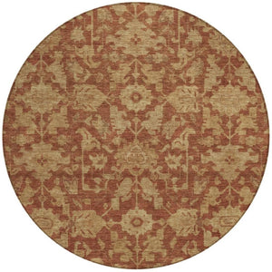 HomeRoots 8' Round Floral Area Rug in Rust and Beige – Washable, Durable, Indoor/Outdoor for High Traffic Spaces 688755