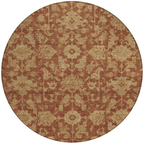 HomeRoots 8' Round Floral Area Rug in Rust and Beige – Washable, Durable, Indoor/Outdoor for High Traffic Spaces 688755