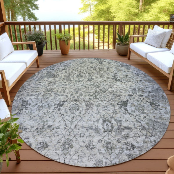 HomeRoots 8' Elegant Beige and Gray Round Damask Area Rug – Washable, Stain-Resistant for Indoor/Outdoor Use 688767