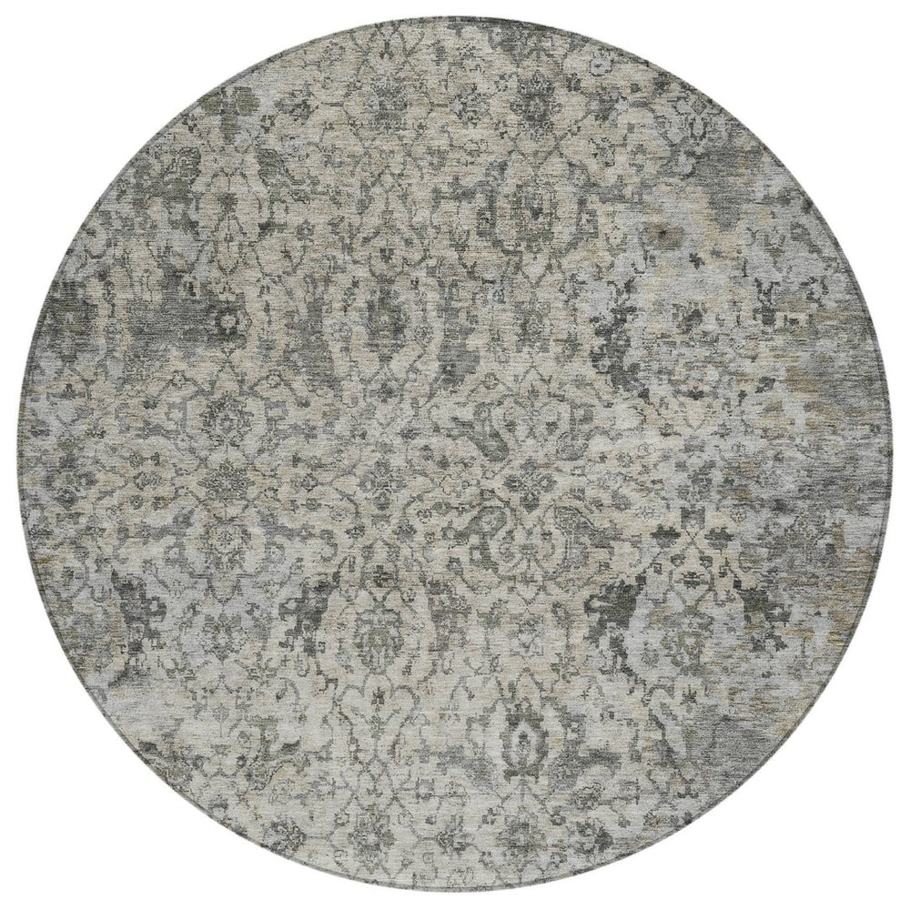 HomeRoots 8' Elegant Beige and Gray Round Damask Area Rug – Washable, Stain-Resistant for Indoor/Outdoor Use 688767