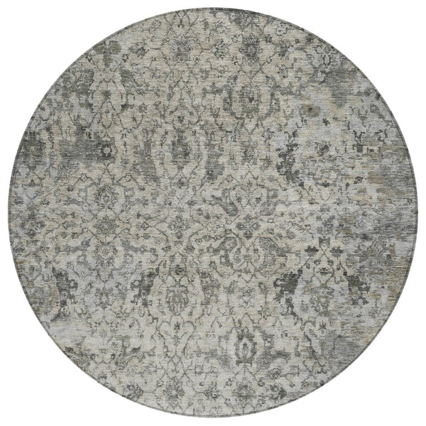 HomeRoots 8' Elegant Beige and Gray Round Damask Area Rug – Washable, Stain-Resistant for Indoor/Outdoor Use 688767