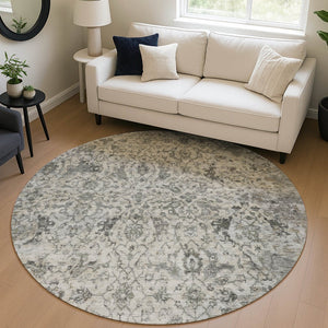 HomeRoots 8' Elegant Beige and Gray Round Damask Area Rug – Washable, Stain-Resistant for Indoor/Outdoor Use 688767