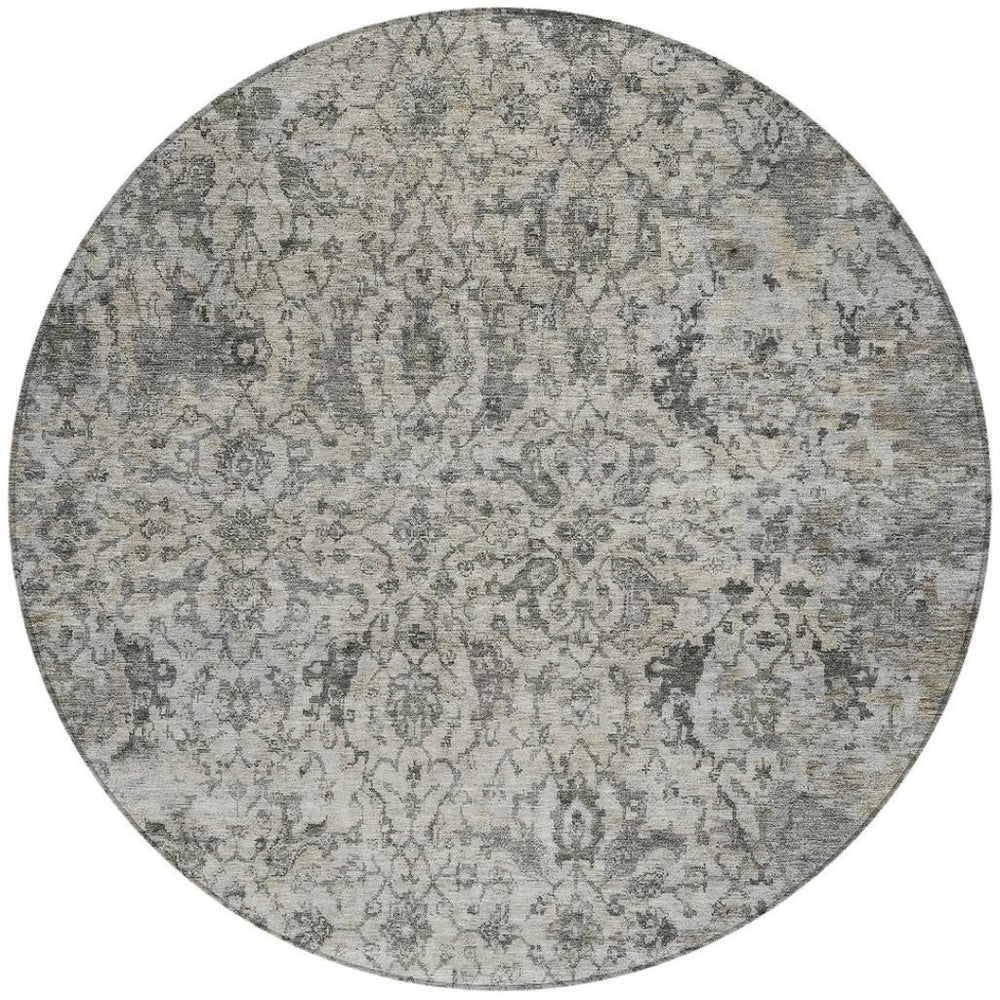 HomeRoots 8' Elegant Beige and Gray Round Damask Area Rug – Washable, Stain-Resistant for Indoor/Outdoor Use 688767