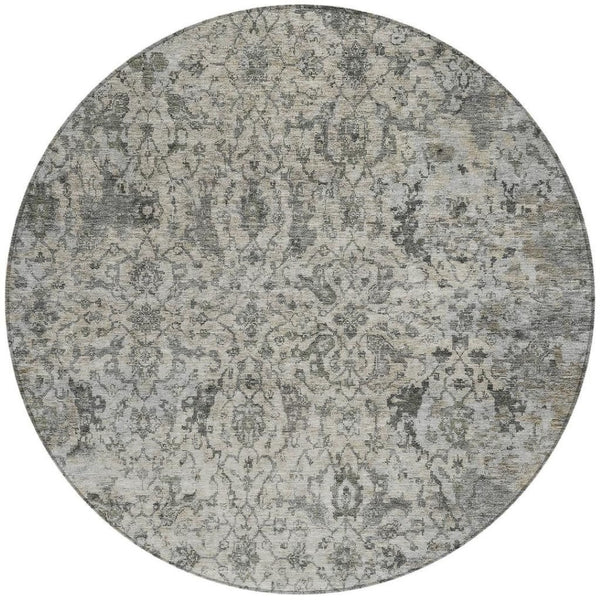 HomeRoots 8' Elegant Beige and Gray Round Damask Area Rug – Washable, Stain-Resistant for Indoor/Outdoor Use 688767