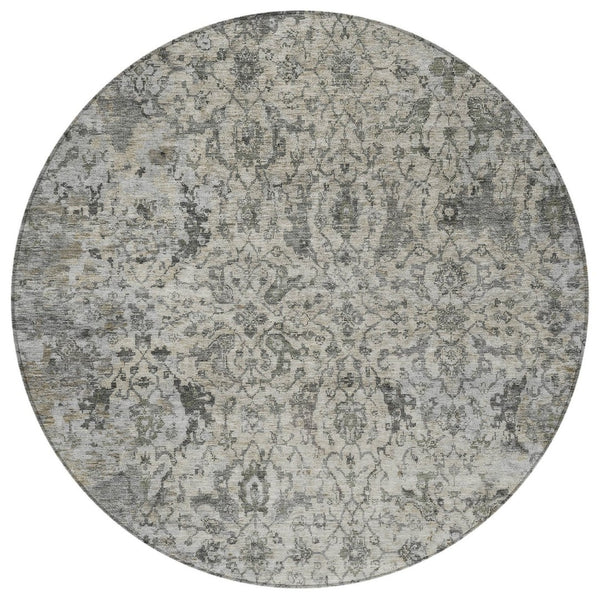 HomeRoots 8' Elegant Beige and Gray Round Damask Area Rug – Washable, Stain-Resistant for Indoor/Outdoor Use 688767