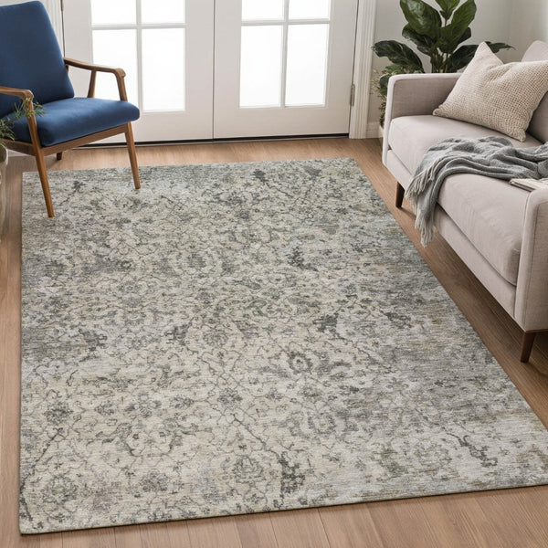 HomeRoots 9' X 12' Beige and Gray Damask Washable Area Rug - Stylish Indoor/Outdoor Decor for High-Traffic Spaces 688769