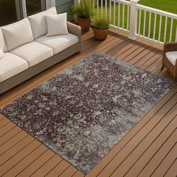 HomeRoots 5' Elegant Burgundy and Gray Damask Area Rug - Washable, Durable for Indoor & Outdoor Spaces 688772