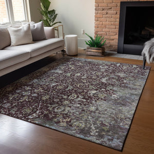 HomeRoots 5' Elegant Burgundy and Gray Damask Area Rug - Washable, Durable for Indoor & Outdoor Spaces 688772