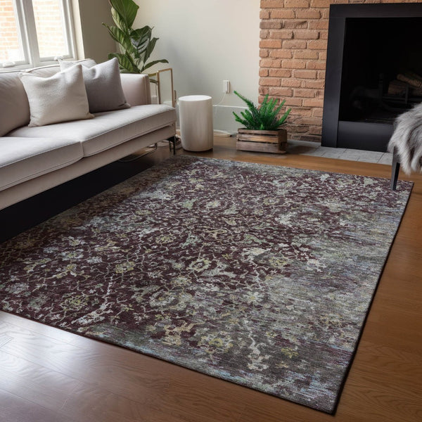 HomeRoots 5' Elegant Burgundy and Gray Damask Area Rug - Washable, Durable for Indoor & Outdoor Spaces 688772