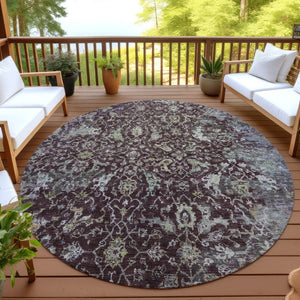 HomeRoots 8' Burgundy and Gray Round Damask Rug – Stylish, Washable, Durable for Indoor & Outdoor Spaces! 688773
