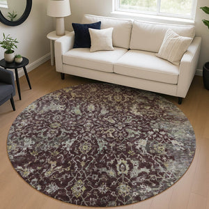 HomeRoots 8' Burgundy and Gray Round Damask Rug – Stylish, Washable, Durable for Indoor & Outdoor Spaces! 688773