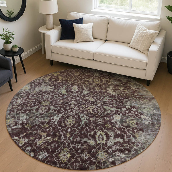HomeRoots 8' Burgundy and Gray Round Damask Rug – Stylish, Washable, Durable for Indoor & Outdoor Spaces! 688773