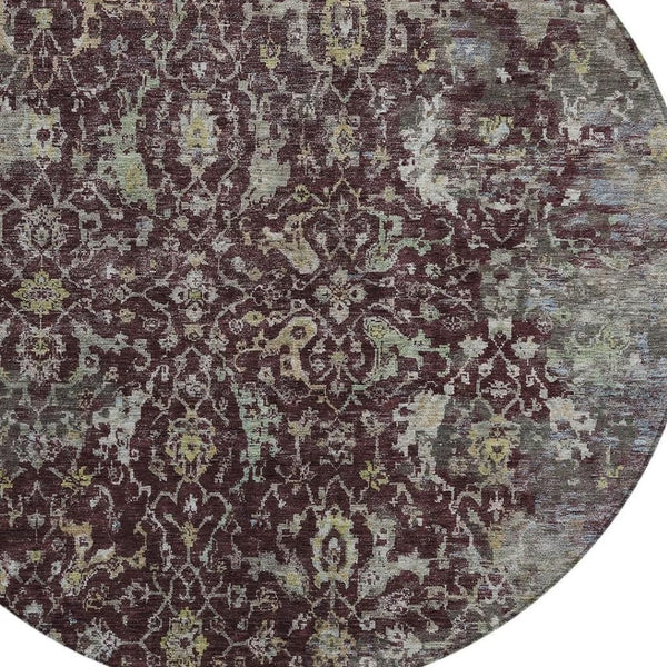 HomeRoots 8' Burgundy and Gray Round Damask Rug – Stylish, Washable, Durable for Indoor & Outdoor Spaces! 688773