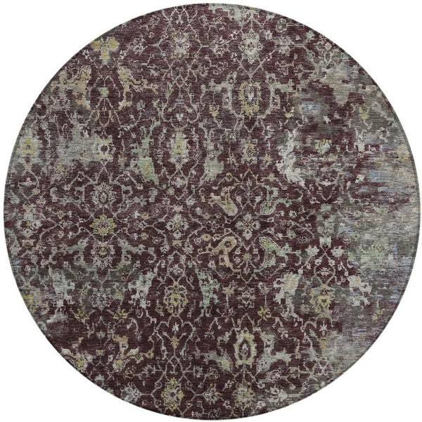 HomeRoots 8' Burgundy and Gray Round Damask Rug – Stylish, Washable, Durable for Indoor & Outdoor Spaces! 688773