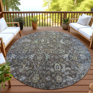HomeRoots 8' Chocolate and Gray Round Damask Area Rug - Stylish, Washable, Durable for Indoor & Outdoor Use 688779