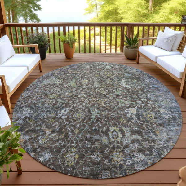 HomeRoots 8' Chocolate and Gray Round Damask Area Rug - Stylish, Washable, Durable for Indoor & Outdoor Use 688779
