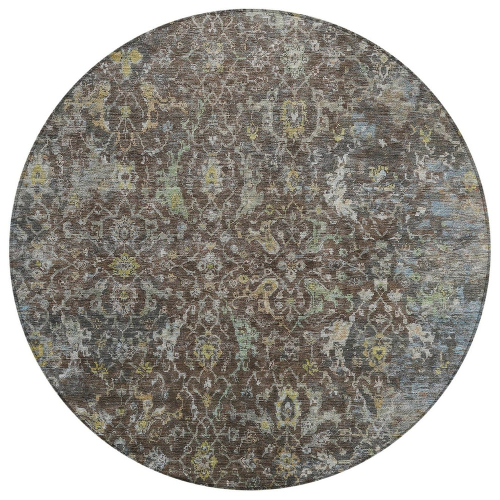 HomeRoots 8' Chocolate and Gray Round Damask Area Rug - Stylish, Washable, Durable for Indoor & Outdoor Use 688779