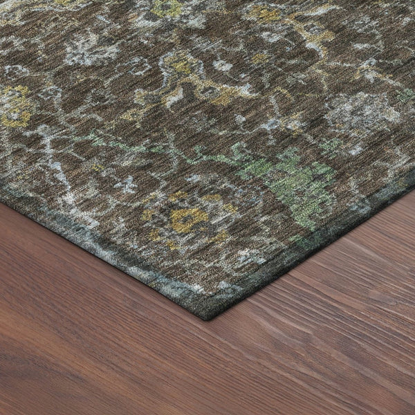 HomeRoots 8' Chocolate and Gray Round Damask Area Rug - Stylish, Washable, Durable for Indoor & Outdoor Use 688779