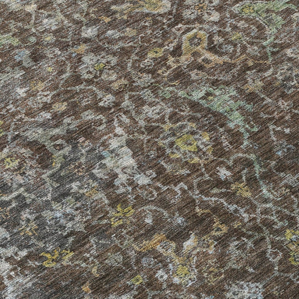 HomeRoots 8' Chocolate and Gray Round Damask Area Rug - Stylish, Washable, Durable for Indoor & Outdoor Use 688779