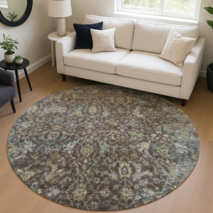 HomeRoots 8' Chocolate and Gray Round Damask Area Rug - Stylish, Washable, Durable for Indoor & Outdoor Use 688779