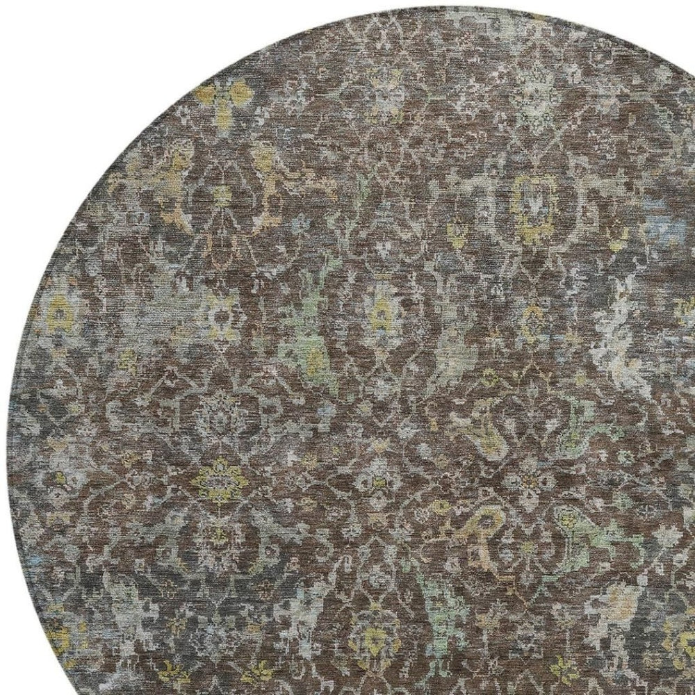 HomeRoots 8' Chocolate and Gray Round Damask Area Rug - Stylish, Washable, Durable for Indoor & Outdoor Use 688779