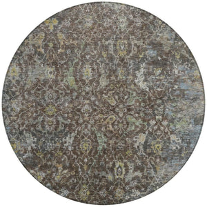 HomeRoots 8' Chocolate and Gray Round Damask Area Rug - Stylish, Washable, Durable for Indoor & Outdoor Use 688779