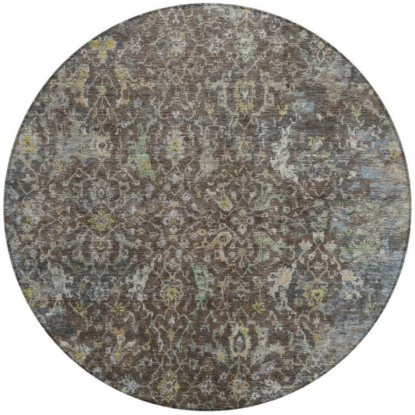 HomeRoots 8' Chocolate and Gray Round Damask Area Rug - Stylish, Washable, Durable for Indoor & Outdoor Use 688779