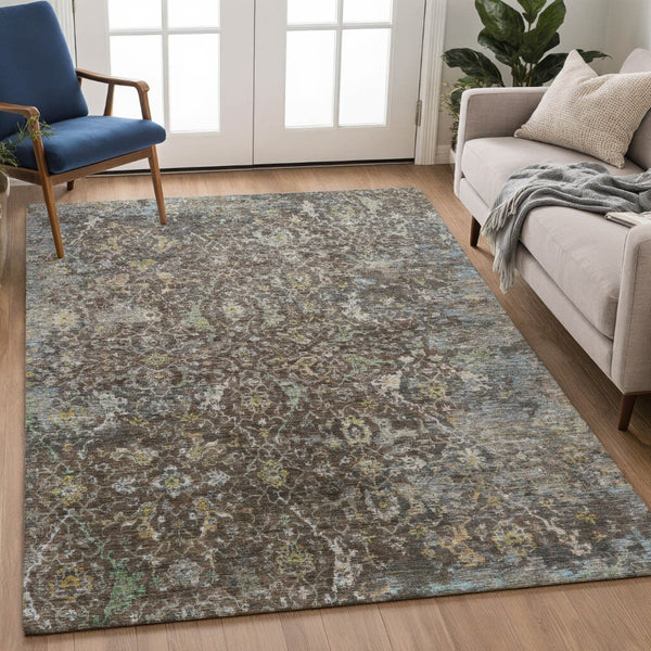HomeRoots 9' X 12' Chocolate & Gray Damask Area Rug - Elegant, Washable, Durable for Indoor & Outdoor Use! 688781