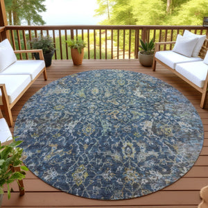 HomeRoots 8' Navy Blue and Gray Round Damask Rug - Stylish, Washable, Durable for Indoor & Outdoor Spaces! 688785