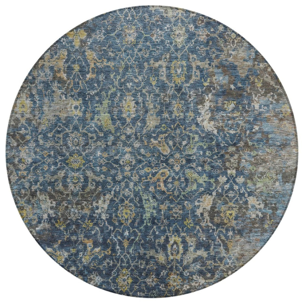 HomeRoots 8' Navy Blue and Gray Round Damask Rug - Stylish, Washable, Durable for Indoor & Outdoor Spaces! 688785