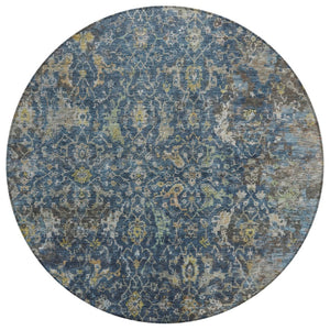 HomeRoots 8' Navy Blue and Gray Round Damask Rug - Stylish, Washable, Durable for Indoor & Outdoor Spaces! 688785