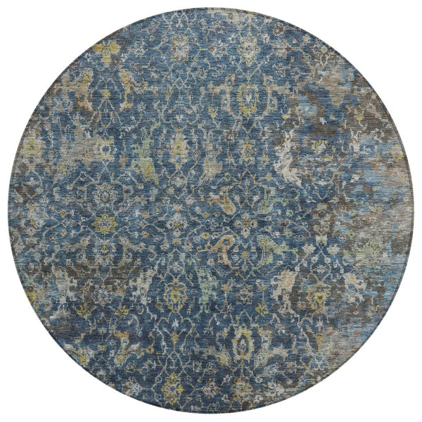 HomeRoots 8' Navy Blue and Gray Round Damask Rug - Stylish, Washable, Durable for Indoor & Outdoor Spaces! 688785