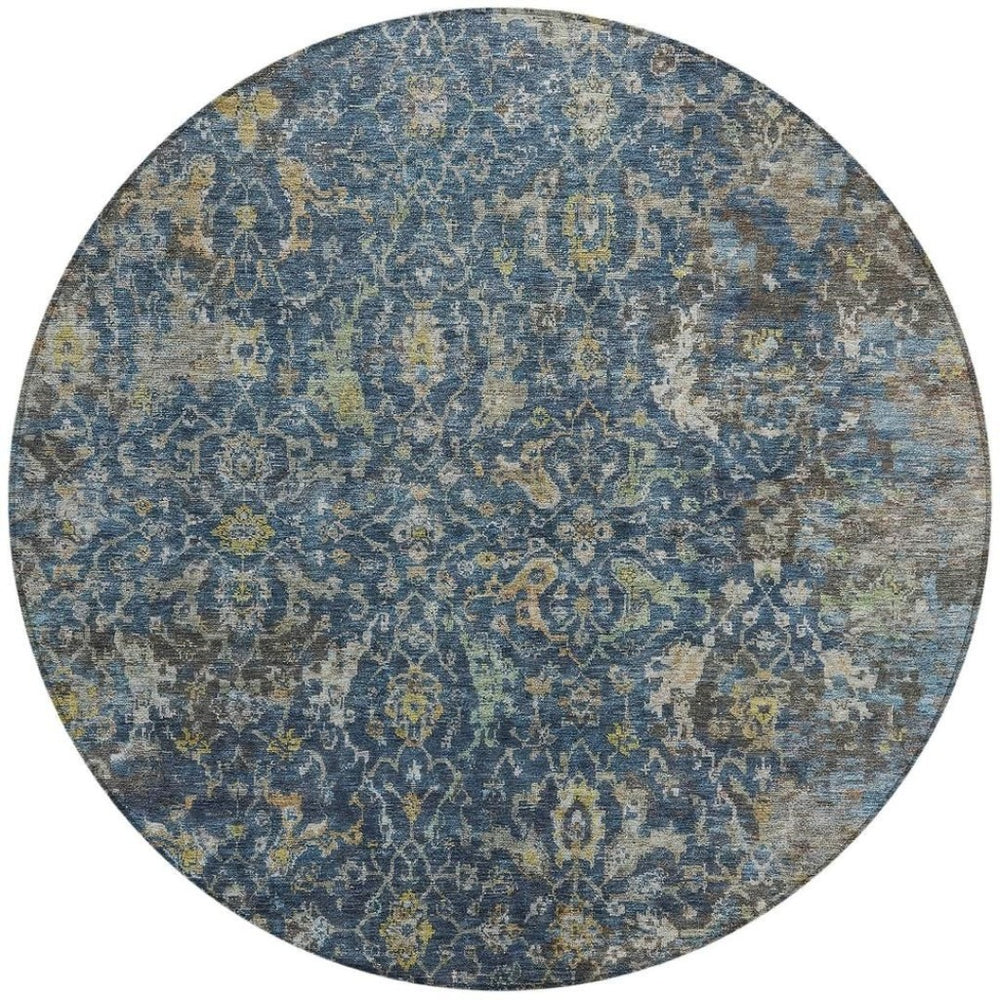 HomeRoots 8' Navy Blue and Gray Round Damask Rug - Stylish, Washable, Durable for Indoor & Outdoor Spaces! 688785
