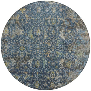 HomeRoots 8' Navy Blue and Gray Round Damask Rug - Stylish, Washable, Durable for Indoor & Outdoor Spaces! 688785