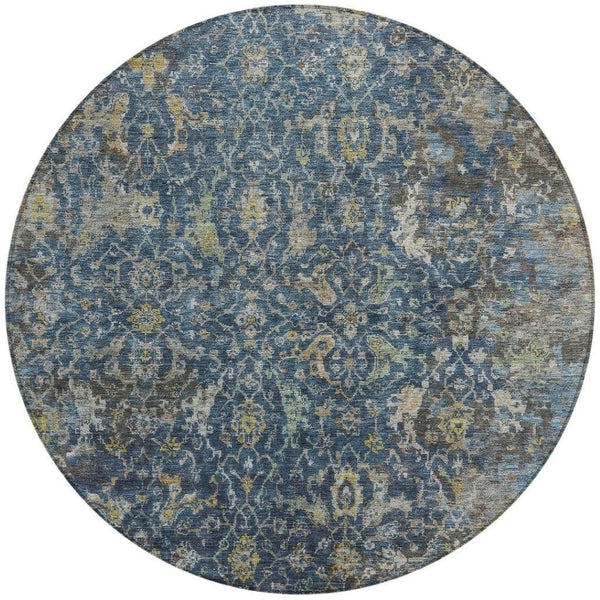 HomeRoots 8' Navy Blue and Gray Round Damask Rug - Stylish, Washable, Durable for Indoor & Outdoor Spaces! 688785
