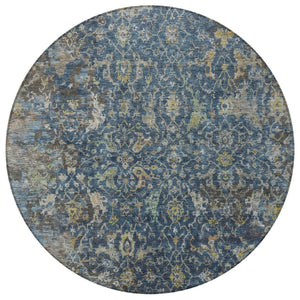 HomeRoots 8' Navy Blue and Gray Round Damask Rug - Stylish, Washable, Durable for Indoor & Outdoor Spaces! 688785