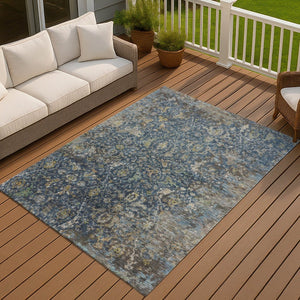 HomeRoots 10' Navy Blue and Gray Damask Area Rug - Washable Indoor/Outdoor Elegance for High-Traffic Spaces 688788