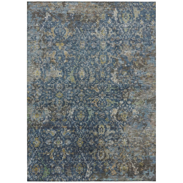 HomeRoots 10' Navy Blue and Gray Damask Area Rug - Washable Indoor/Outdoor Elegance for High-Traffic Spaces 688788